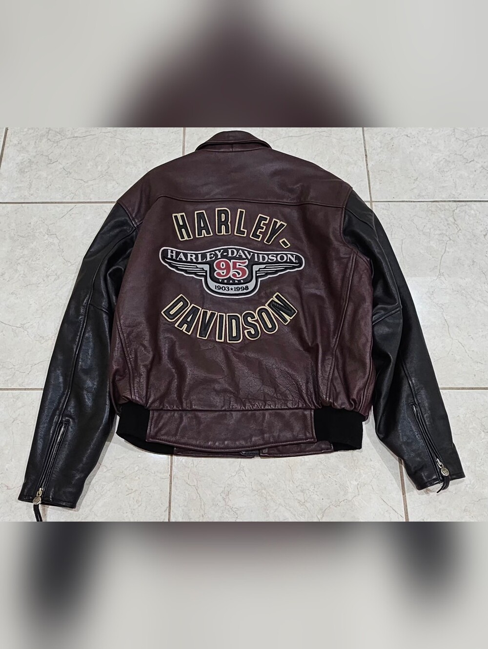 Harley-Davidson Mens Two-Tone Leather Bomber Jacket - Burgundy & Black